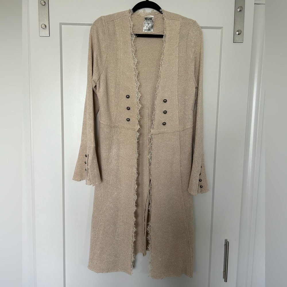 Vocal Beige Long Open-Front Cardigan with Button Detail